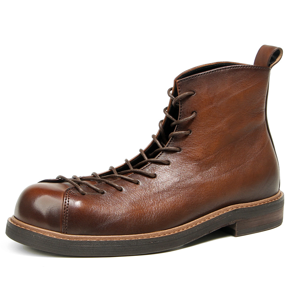 Leatherwork Boots - รองเท้าบูทข้อสั้นหนังแท้ทรงหัวมนสำหรับลำลอง ทำงาน ขี่มอเตอร์ไซค์ รองเท้าบูทคาวบอย รองเท้าบูทคอมแบท รองเท้าหุ้มข้อสูงสำหรับผู้ชาย