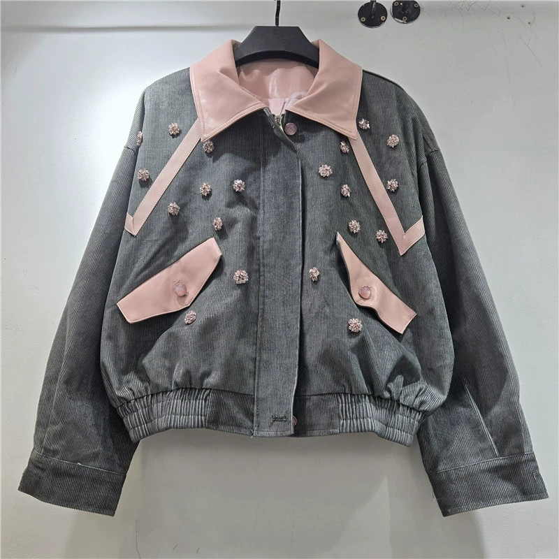 Leatherwork Flowers - เสื้อแจ็คเก็ตคอร์ดูรอยประดับดอกไม้ปักลาย งานหนัก สีเทา สีเขียว สีกาแฟ แต่งปกหนังเทียม