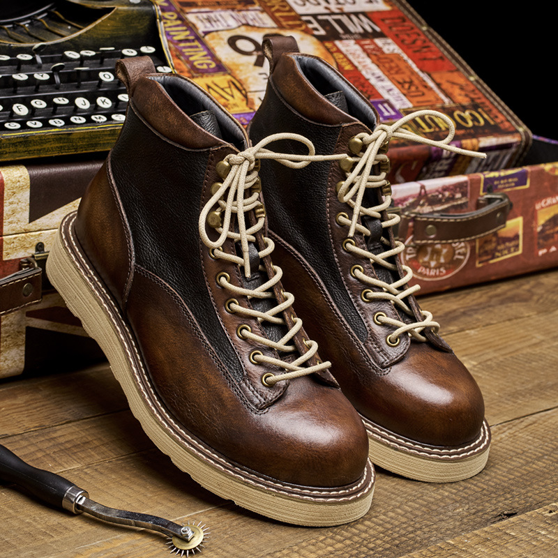 Leatherwork Boots - รองเท้าบูททำงานแบบสั้นสำหรับผู้ชาย สไตล์อเมกัจิ หนังแท้ทรงสูง รองเท้าบูทข้อเท้าสไตล์วินเทจอังกฤษสำหรับใส่ลำลอง รองเท้าบูทสำหรับขี่มอเตอร์ไซค์