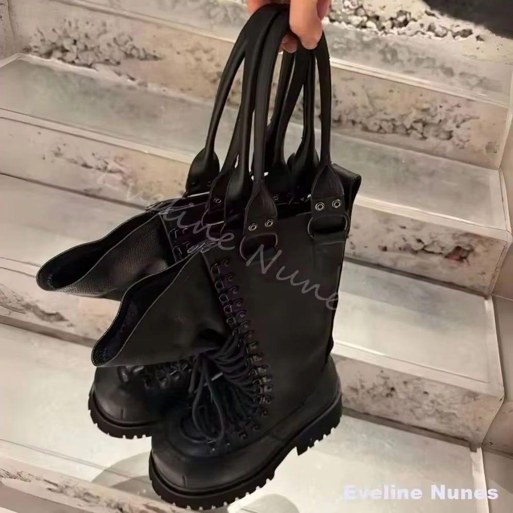 Leatherwork Boots - รองเท้าบูทมอเตอร์ไซค์หนังแท้สไตล์เรโทรสำหรับผู้หญิง แบบผูกเชือก ปลายเท้าใหญ่ พื้นหนา รองเท้าบูทสูงถึงเข่า รุ่นสปริง