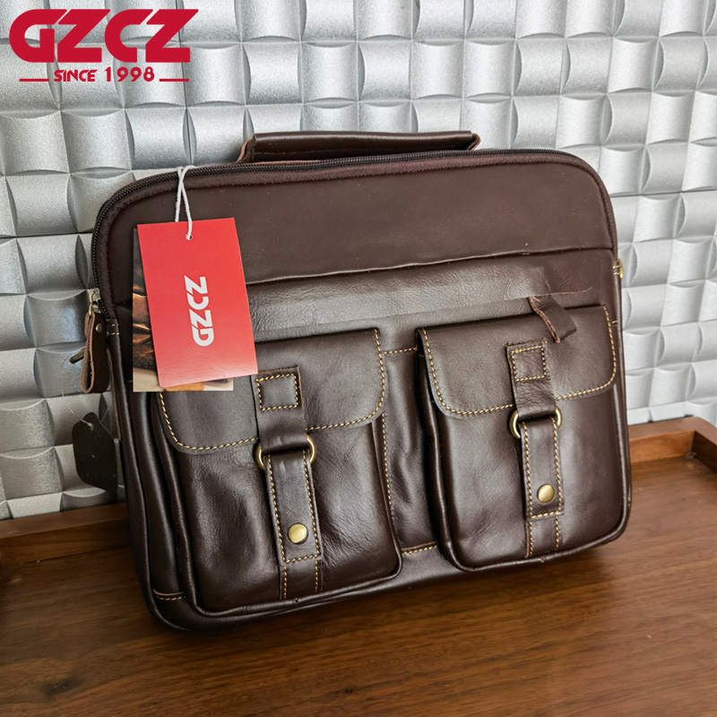Leather Work Handbags - GZCZ กระเป๋าถือผู้ชาย กระเป๋าคอมพิวเตอร์สำหรับธุรกิจ หนังวัวชั้นบนสุด กระเป๋าเอกสารแนวนอน กระเป๋าสะพายสำหรับทำงาน