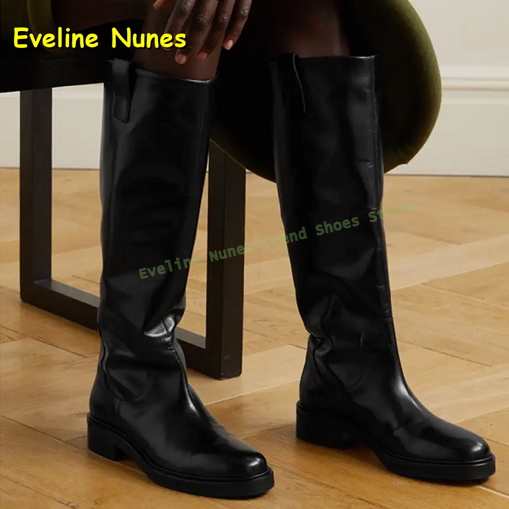 Leatherwork Boots - รองเท้าบูทหนังสีดำทรงสูงถึงเข่าสำหรับผู้หญิง หัวมน ส้นหนา เหมาะสำหรับใส่ทำงานในออฟฟิศและสวมใส่ลำลองในชีวิตประจำวันช่วงฤดูร้อน