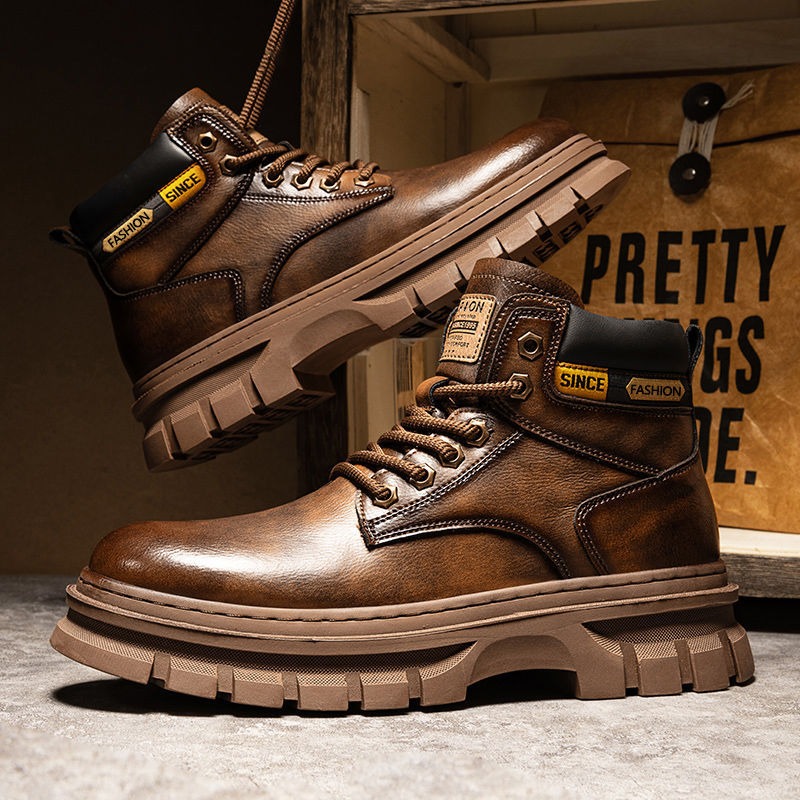 Leatherwork Boots - Vintage Men Platformข้อเท้ารองเท้าฤดูใบไม้ร่วงฤดูหนาวอังกฤษเชลซีรองเท้าหนังกลางแจ้งลื่นสบายๆรองเท้าทํางานBotas Hombre