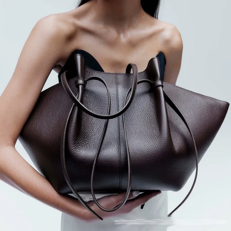 Leather Work Handbags For Women - กระเป๋าหนังสะพายไหล่ทรง Dumpling สำหรับผู้หญิง กระเป๋าถือ Hobo ขนาดใหญ่
