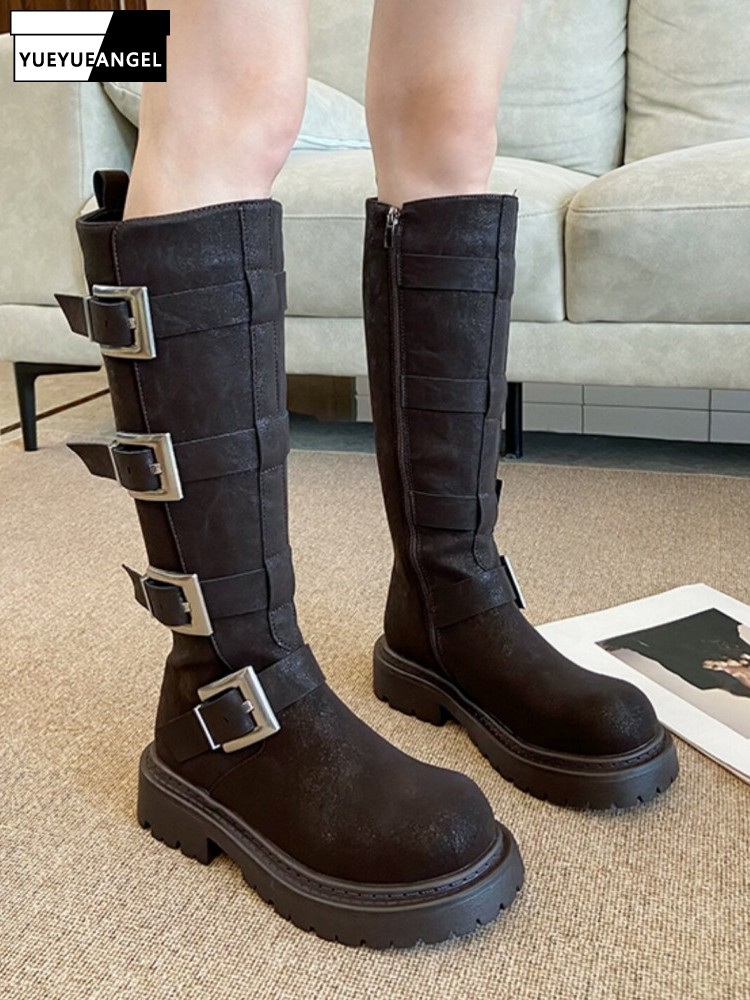 Leatherwork Boots - รองเท้าบูทผู้หญิงแฟชั่นแบบหลายหัวเข็มขัด ความสูงระดับเข่า พื้นหนา สไตล์มอเตอร์ไซค์ พังก์ รองเท้าทำงานนิรภัย