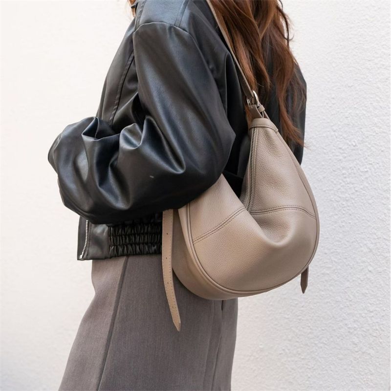 Leather Work Handbags For Women - BURMINSA กระเป๋าหนังแท้ทรงครึ่งวงกลมสำหรับผู้หญิง กระเป๋าสะพายไหล่หนังวัวทรงหลวม สไตล์เรโทร เหมาะสำหรับใช้งานประจำวัน กระเป๋าสะพายข้างและกระเป๋าถือ