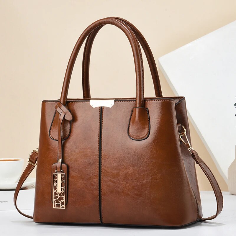 Leather Work Handbags For Women - กระเป๋าถือสีทึบย้อนยุคสำหรับผู้หญิงกระเป๋าหนังสะพายพาดลำตัว PU หรูหราออฟฟิศทันสมัย